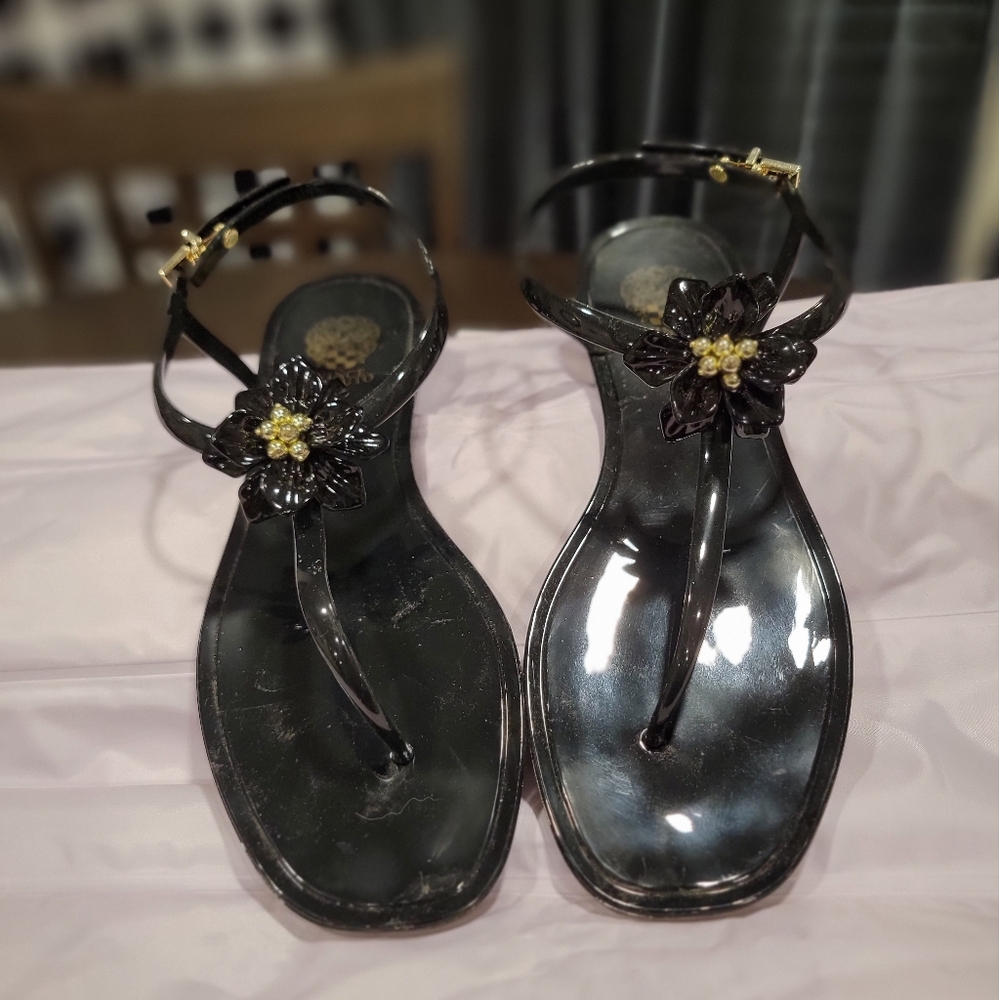 Vince Camuto Elegant Black and Gold Sandals with Ankle Strap